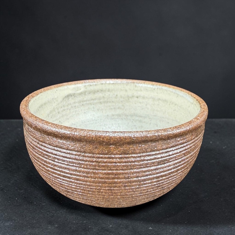 Handmade USA Pottery Salt Cellar Brown Ribbed Ceramic Spice Bowl 2x1.5 inch